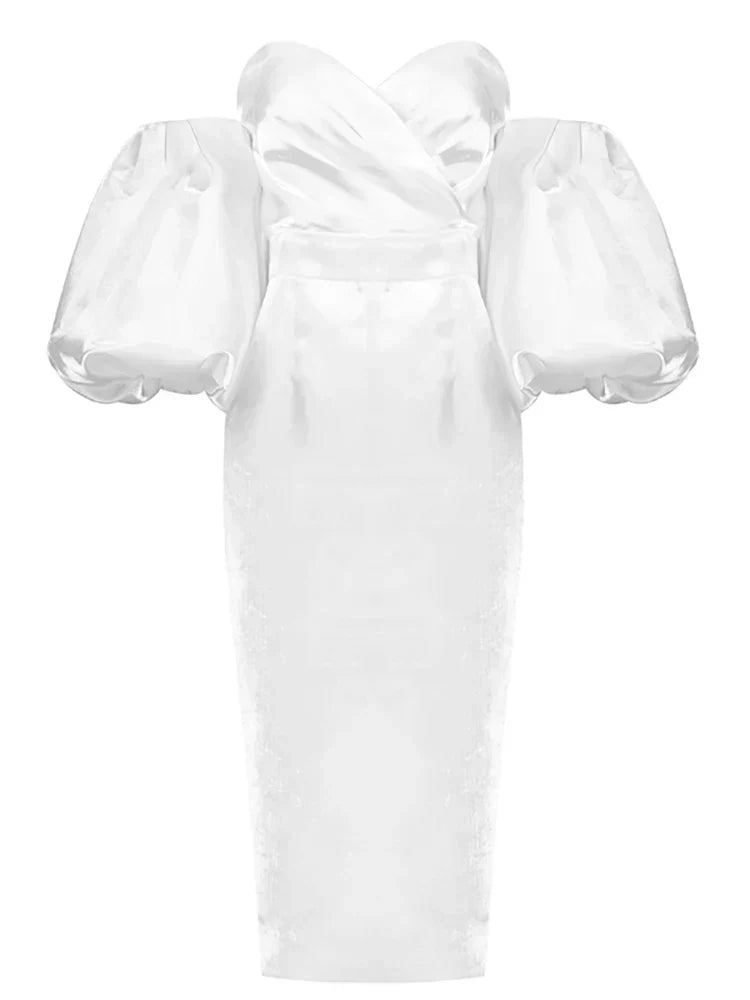 Sexy V-Neck Strapless Puff Sleeve Satin Midi Off Shoulder Christmas Party Dress White / S Dresses-L