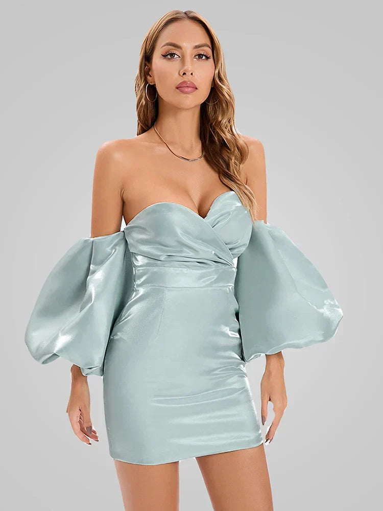 Sexy V-neck Strapless Puff Sleeve Satin Midi Off Shoulder Party Dress