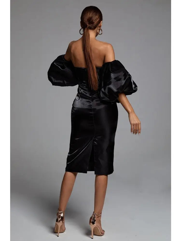 Sexy V-neck Strapless Puff Sleeve Satin Midi Off Shoulder Party Dress