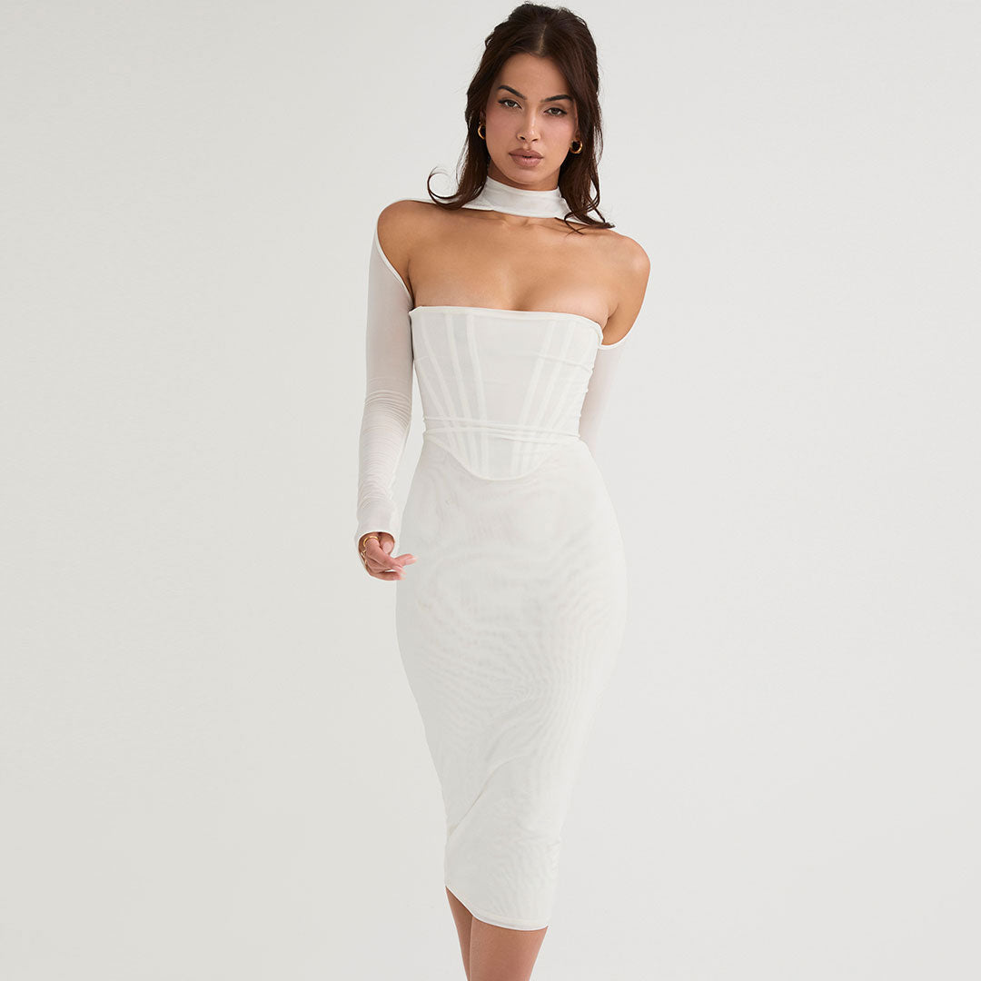 White Mock Neck Cutout Mesh Long Sleeve Bodycon Midi Dress