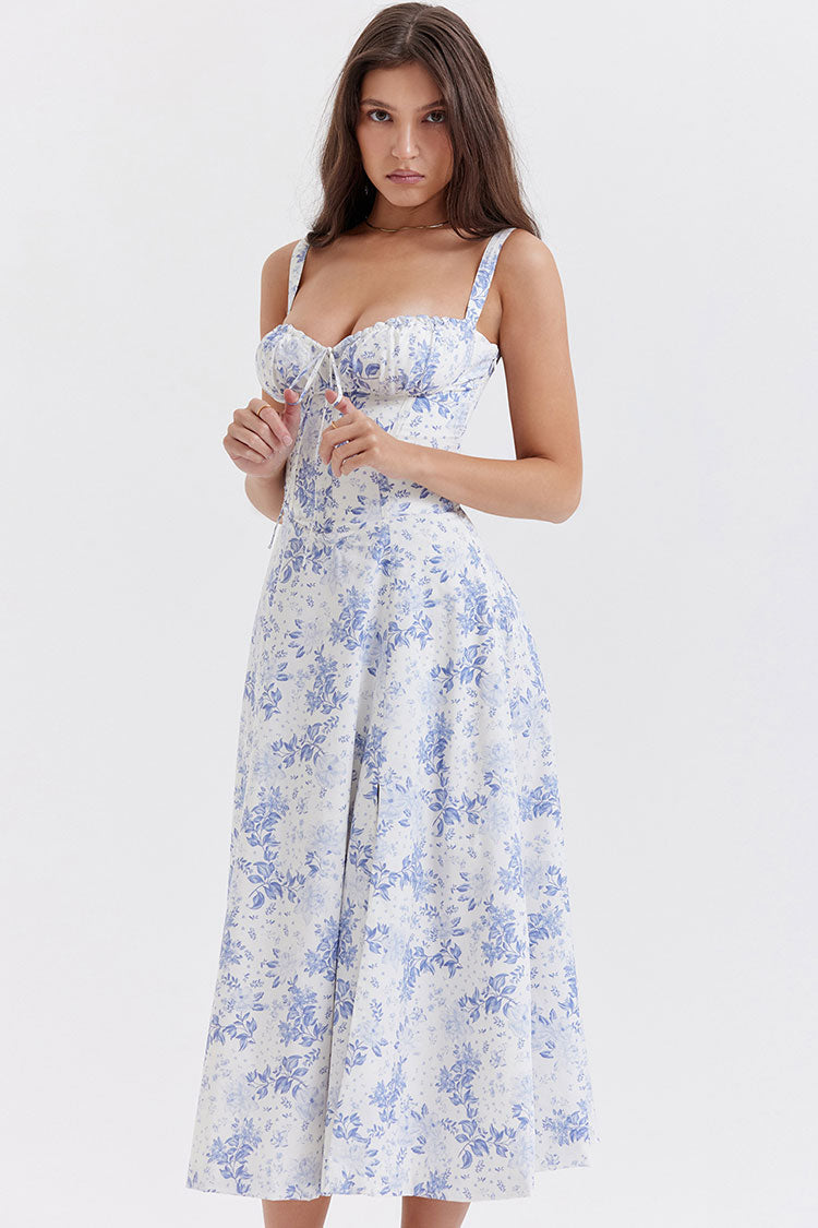 Blue Sweetheart Neck Floral Tie Front Corset Fit Flare Split Midi Sundress