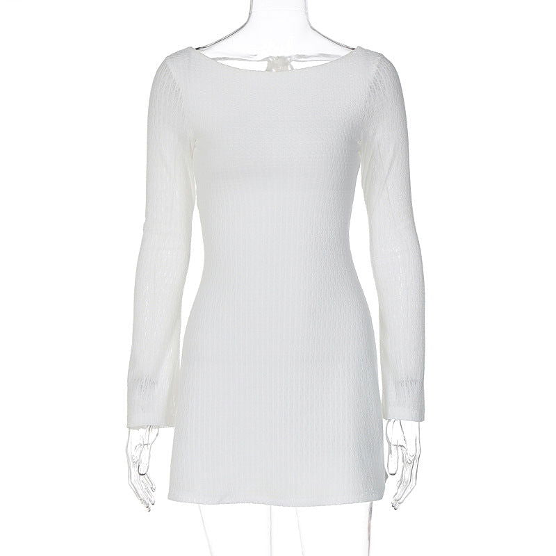 Street Shooting Solid Color Minimalist Long Sleeve Big Backless Tied Dress