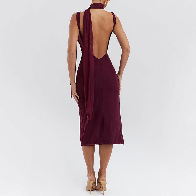Trend Mesh Stitching Swing Collar Sleeveless Split Backless Hip Dress