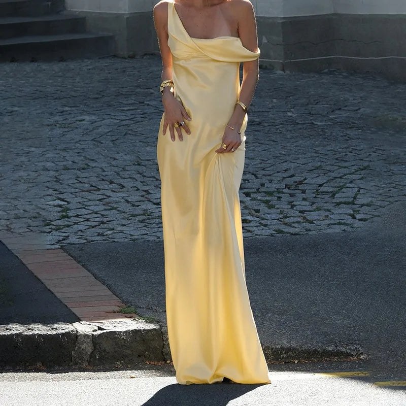 Satin One Shoulder Halter Maxi Dress
