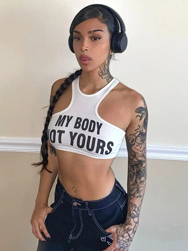 Sleeveless Letter Print Sheer Top