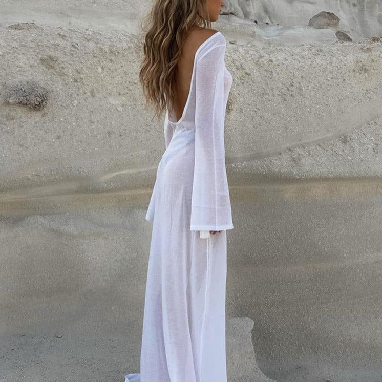White Scoop Back Flare Sleeve Sheer Knit Beach Cover-Up Maxi Dress