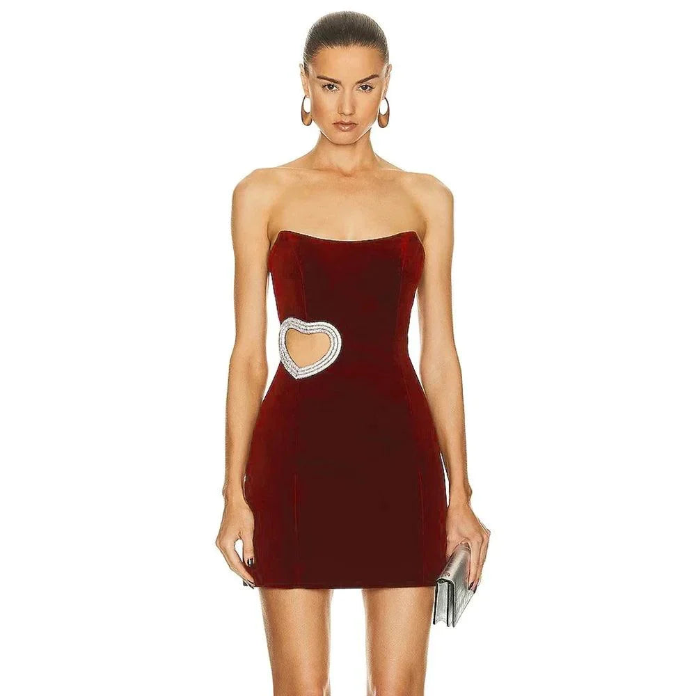 Red Strapless Rhinestone Heart Cutout Bodycon Mini Dress