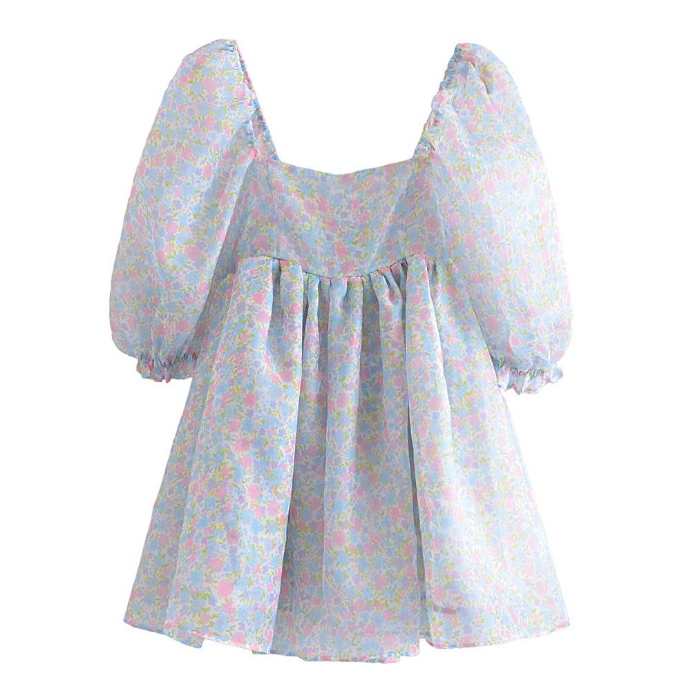 Blue Puff Sleeve Floral Organza Babydoll Mini Dress