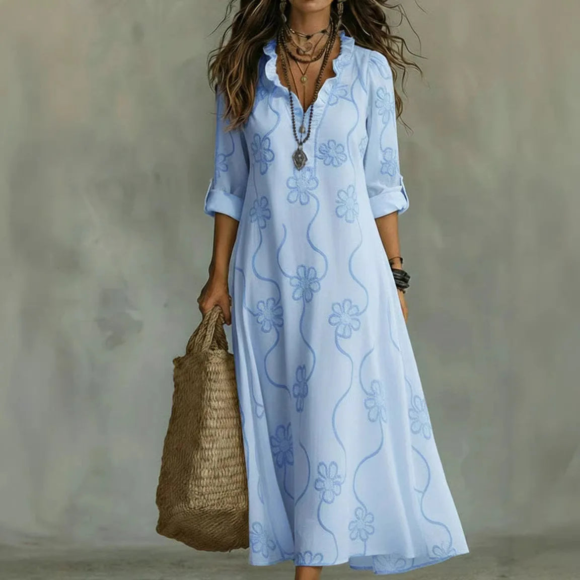 Split Neck Floral Embroidered Roll-Tab Sleeve Shift Maxi Dress 5