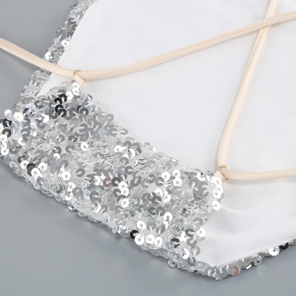 Silver Halter O-Ring Cutout Sequin Ombre High Slit Bodycon Midi Dress 6