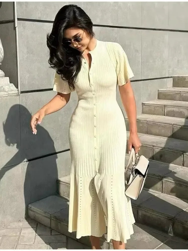 Contrast Single Breasted Knitted ALine Work Dress
