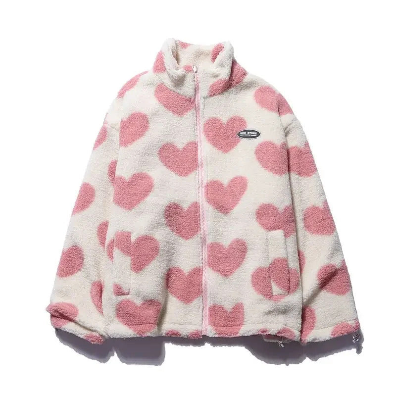 Stand Collar Heart Print Sherpa Fleece Zip Front Jacket