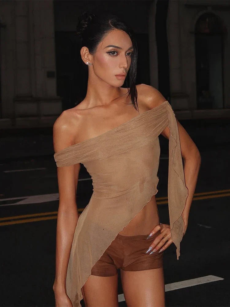 SeeThrough One Shoulder Pleated Strapless