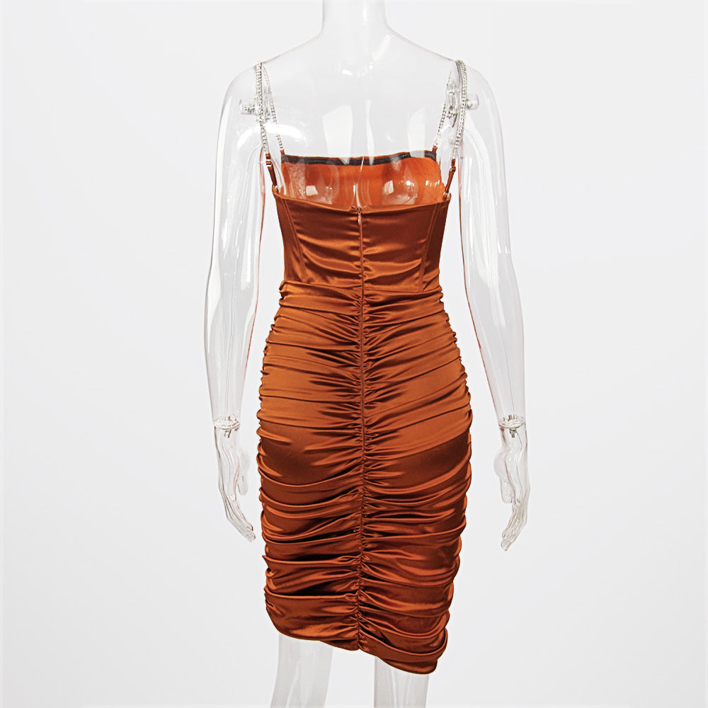 Rhinestone Strap Satin Ruched Corset Bodycon Midi Dress
