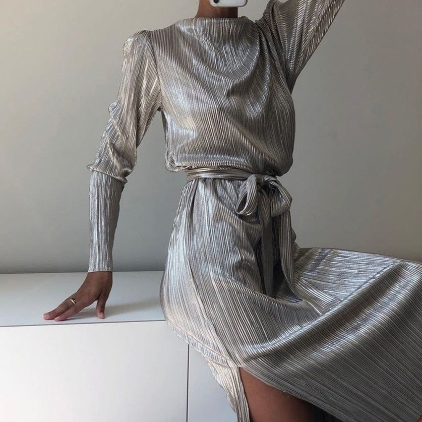 Silver Round Neck Metallic Pleated Long Sleeve Tie Waist A-Line Midi Dress