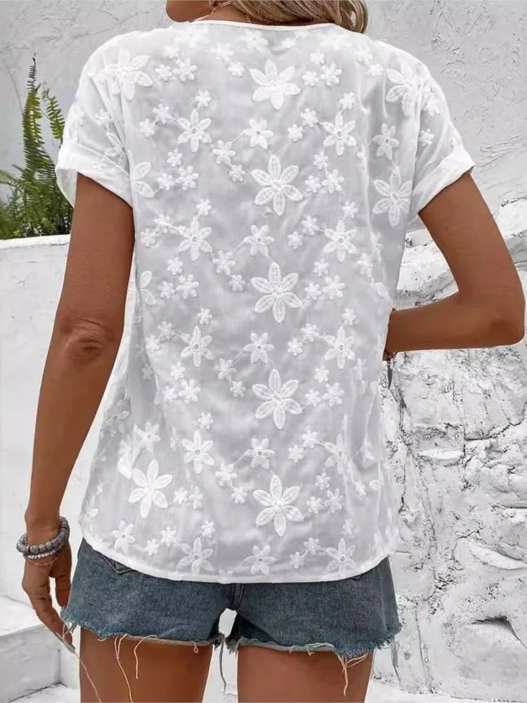 Loose White Lace Vneck Short Sleeve Blouse