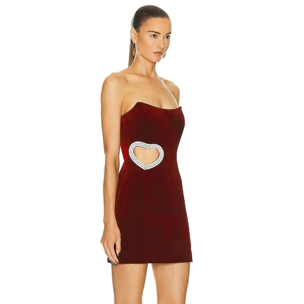 Red Strapless Rhinestone Heart Cutout Bodycon Mini Dress