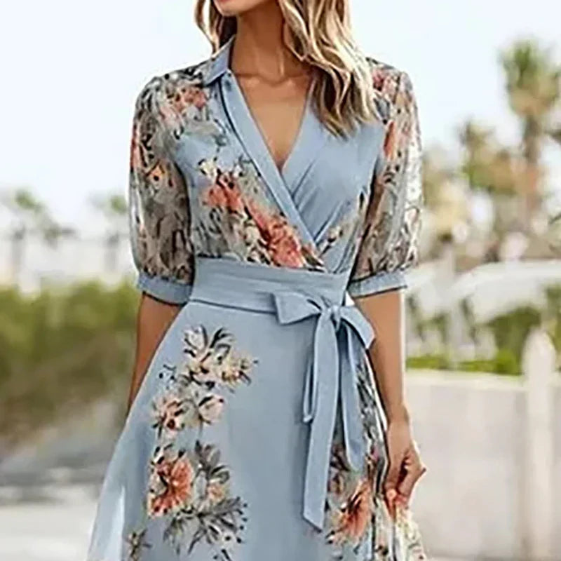 Blue Lapel V-Neck Floral Print Half Sleeve Tie Waist Wrap Maxi Dress 2