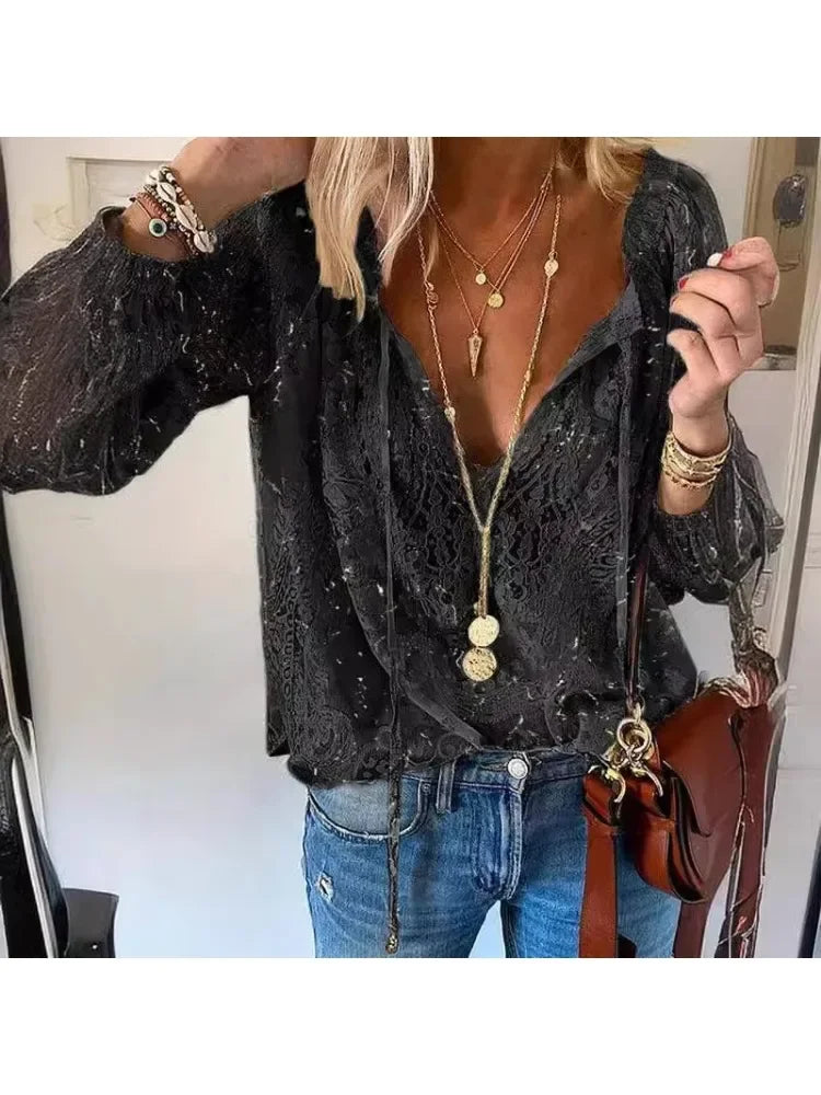 Vintage Button Laceup Long Sleeve Blouse