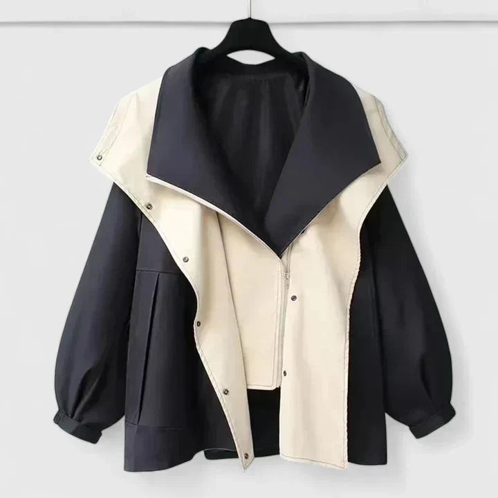 Oversized Lapel Collar Contrast Zip-Up Drawstring Jacket