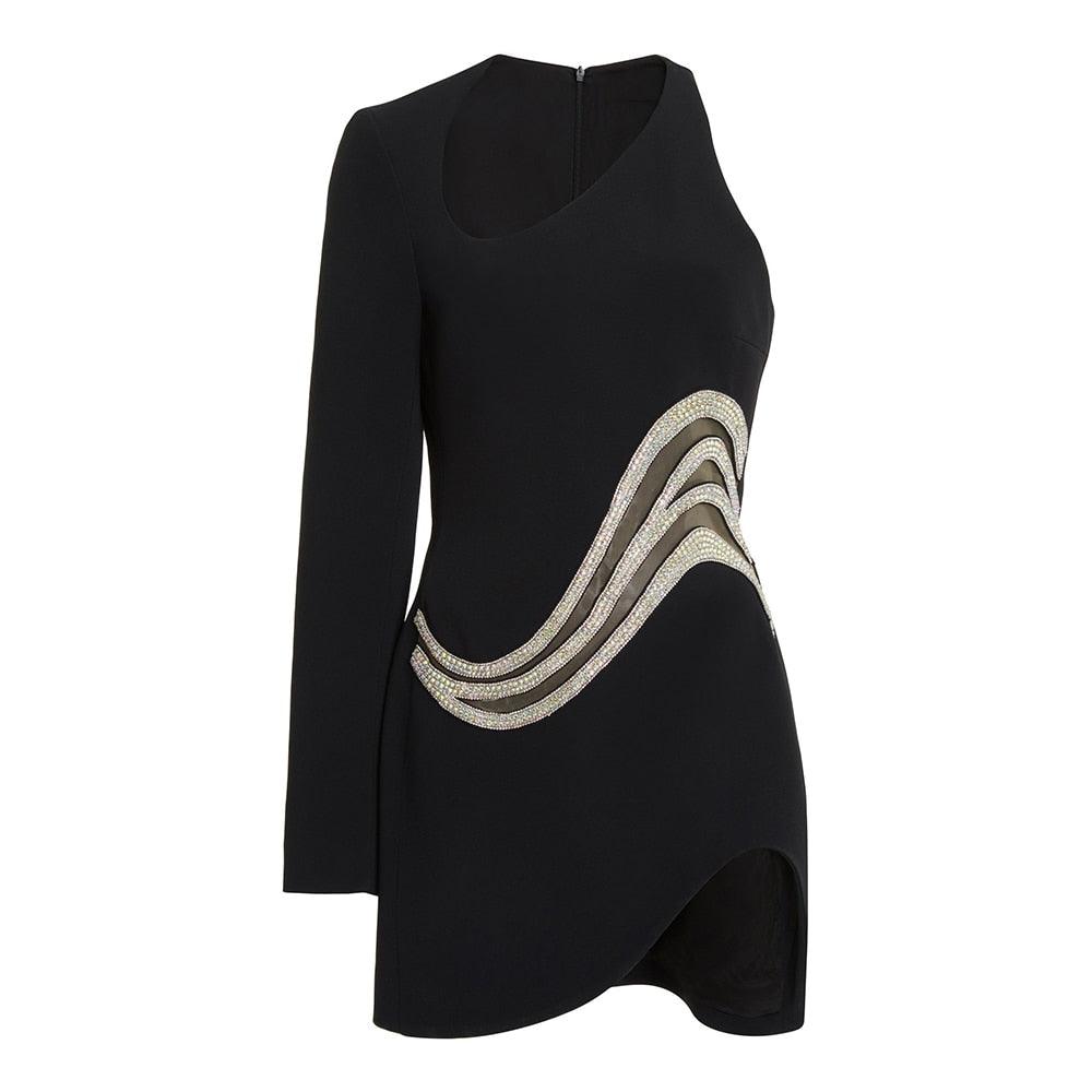 Black One Shoulder One Sleeve Rhinestone Cutout Asymmetric Bodycon Mini Dress