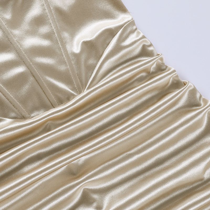 Rhinestone Strap Satin Ruched Corset Bodycon Midi Dress