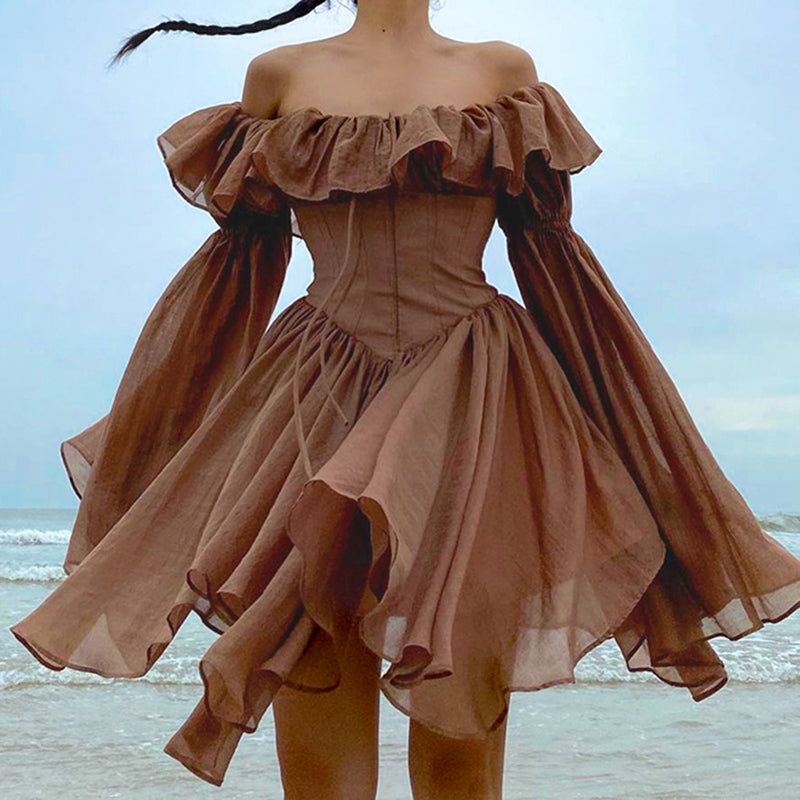 Brown Off-Shoulder Ruffle Corset Long Puff Sleeve Chiffon A-Line Mini Dress