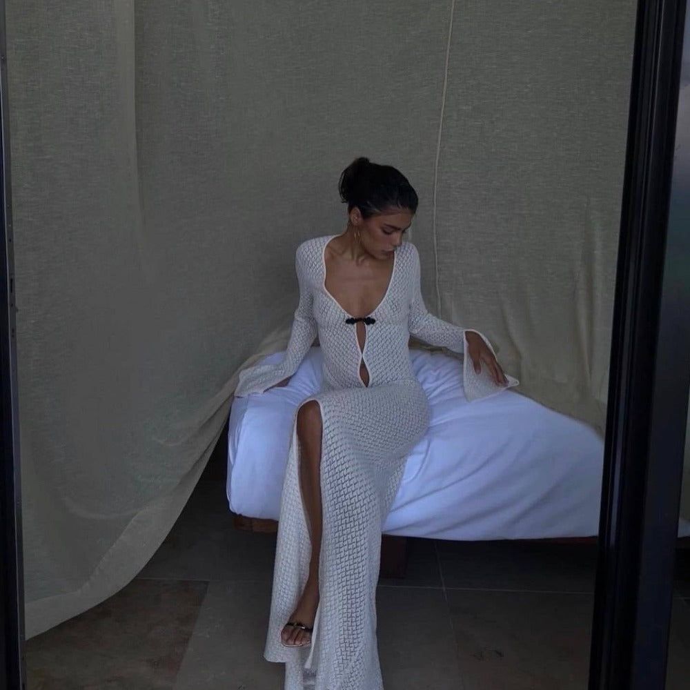 White V-Neck Pointelle Knit Flared Sleeve Maxi Dress 3