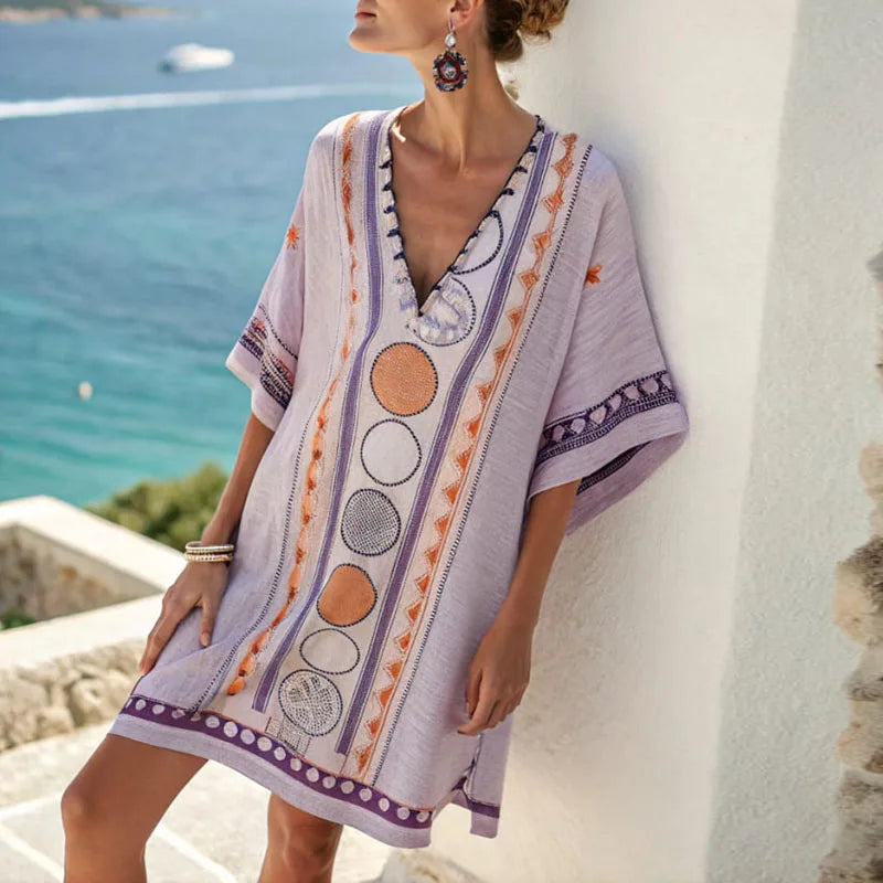 Purple And Orange Pattern V-Neck Embroidered Tassel Trim Boho Shift Tunic Mini Dress