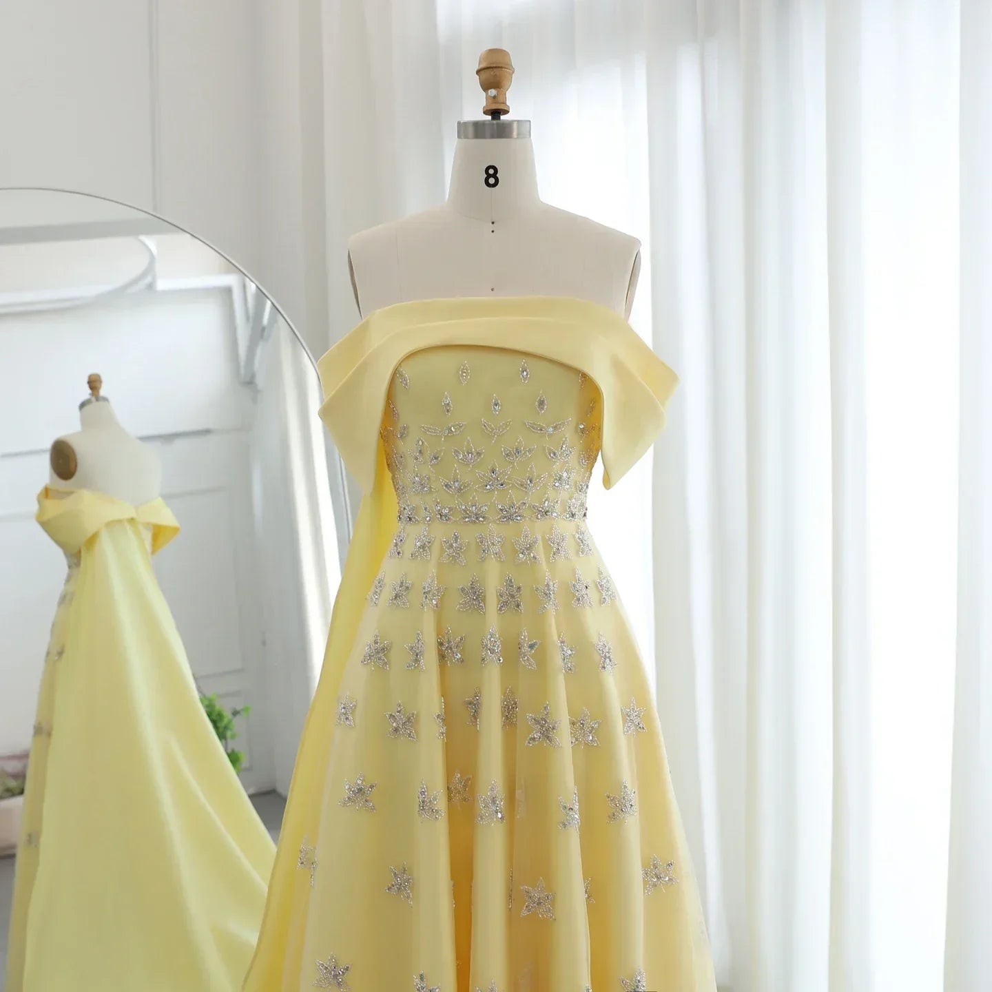 Yellow Satin Evening Gown with Cape