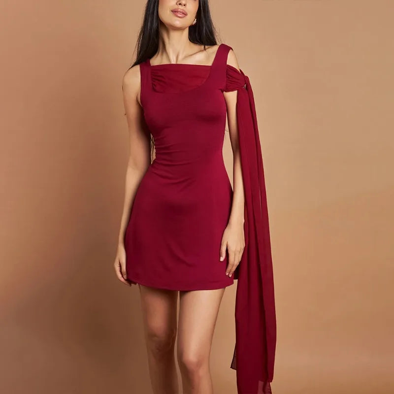 Asymmetrical Chiffon Ribbon Sleeveless Mini Dress