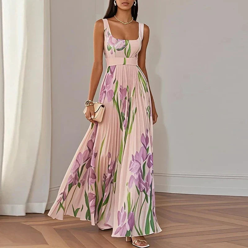 Square Neck Floral Pleated Flowy A-Line Maxi Dress 2