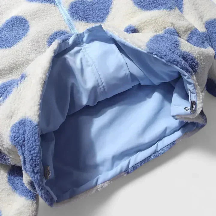 Heart Print Stand Collar Zip-Front Cozy Fleece Jacket