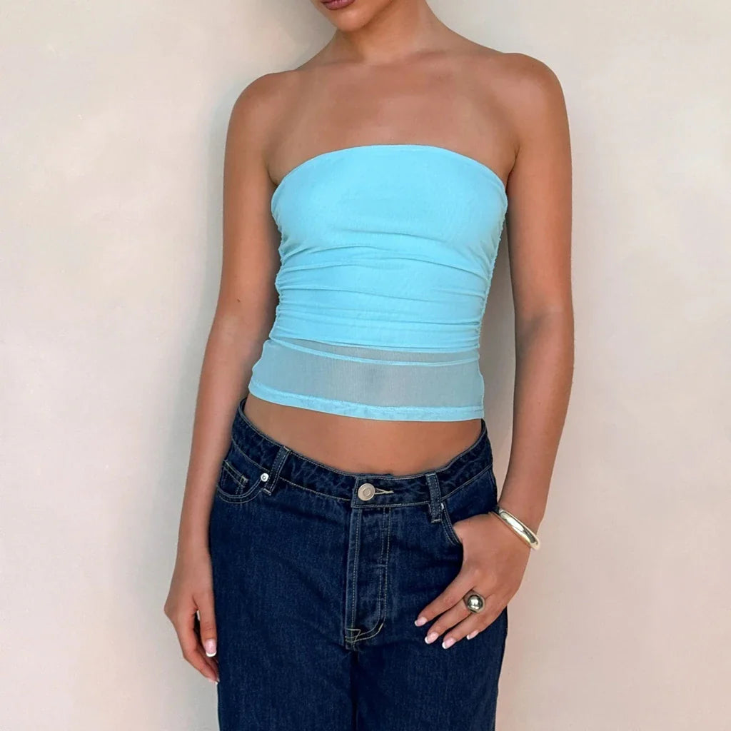 Sheer SeeThrough Ruched Backless Strapless
