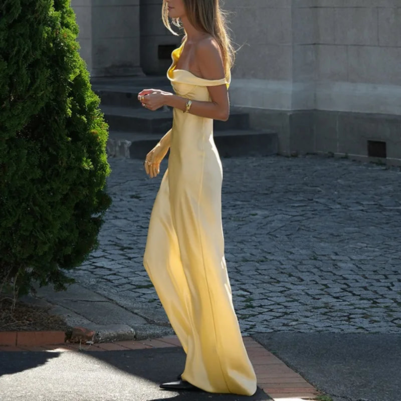 Satin One Shoulder Halter Maxi Dress