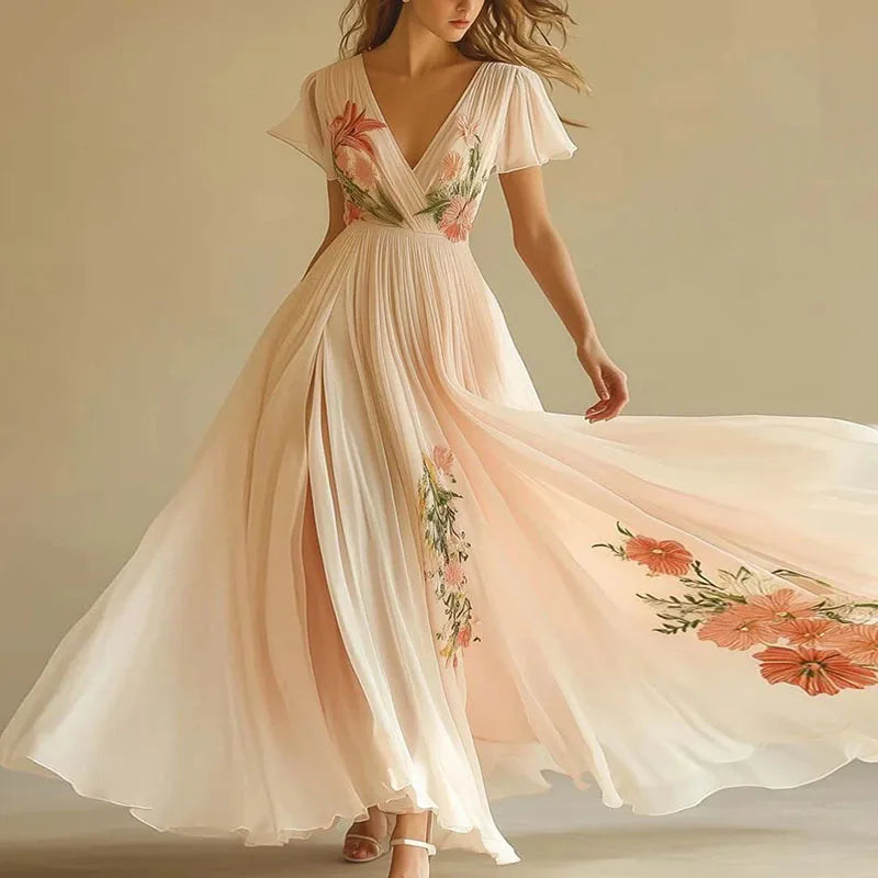Pink V-Neck Flutter Sleeve Floral Embroidered Chiffon Flowy Maxi Gown