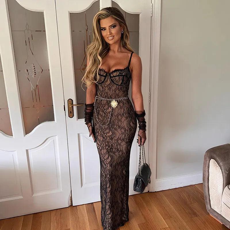 Spaghetti Strap Lace Underwire Chain Belt Bodycon Maxi Dress