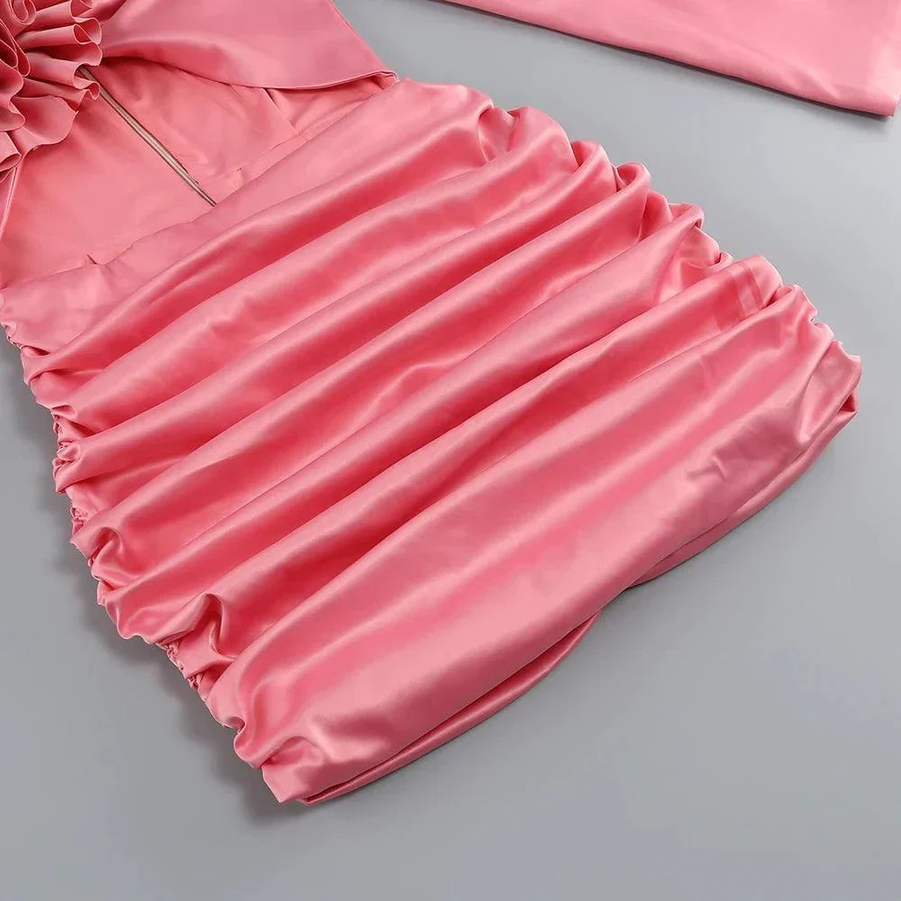 Pink One Shoulder Rosette Satin Cutout Ruched Bodycon Mini Dress