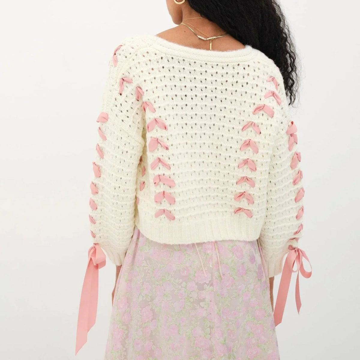 White V-Neck Ribbon Bow Pointelle Knit Cropped Cardigan