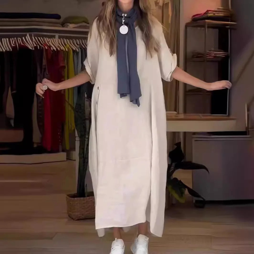 Round Neck Roll-Tab Sleeve Linen Oversized Cocoon Maxi Dress 5