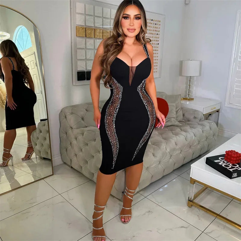 Diamond Patchwork Mesh Midi Dress