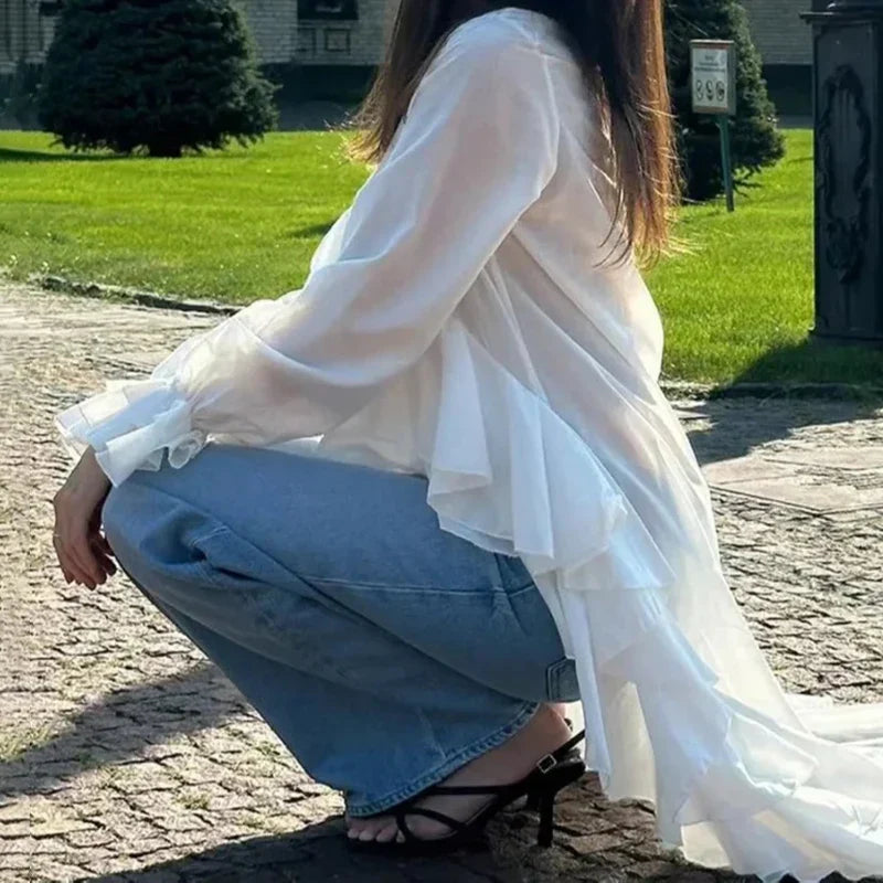 Ruffles Vneck Long Sleeve Casual Blouse
