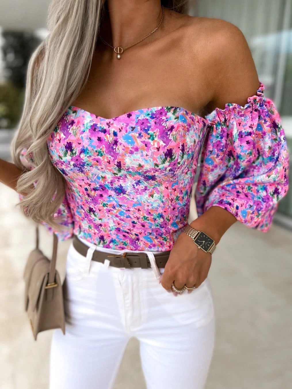 Women Top Summer Off Shoulder Floral Blouses Holiday Slash Neck Tops