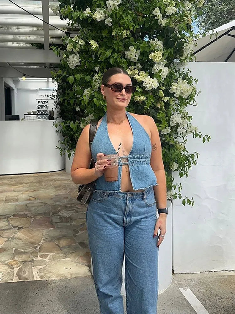 Denim Deep Vneck Backless Halter Laceup Cami Top
