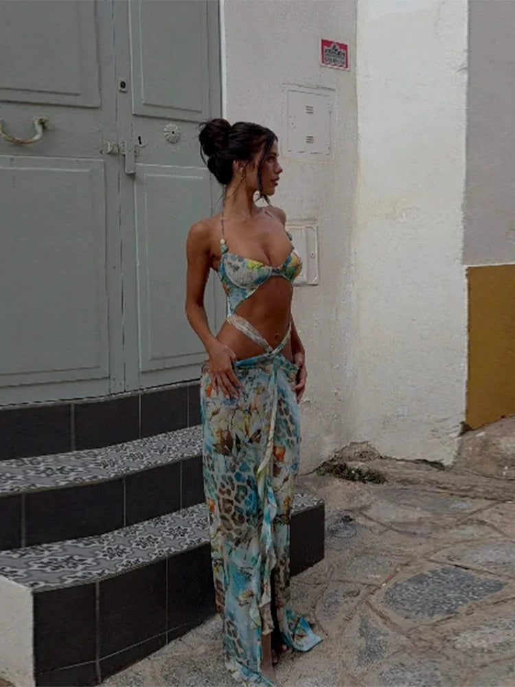 Halter Laceup Cutout Maxi Floral Dress