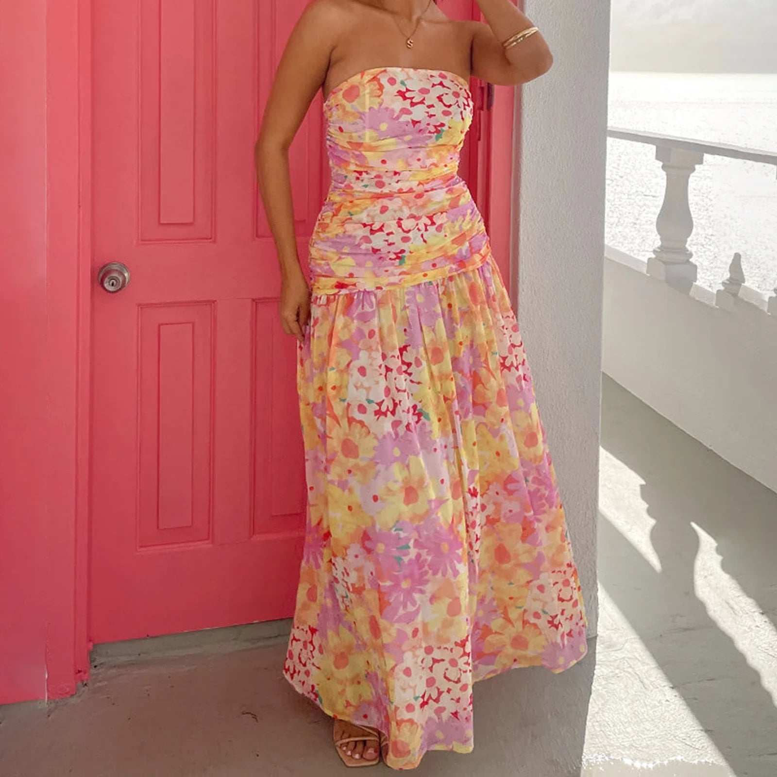 Strapless Pleated ALine Floral Dress