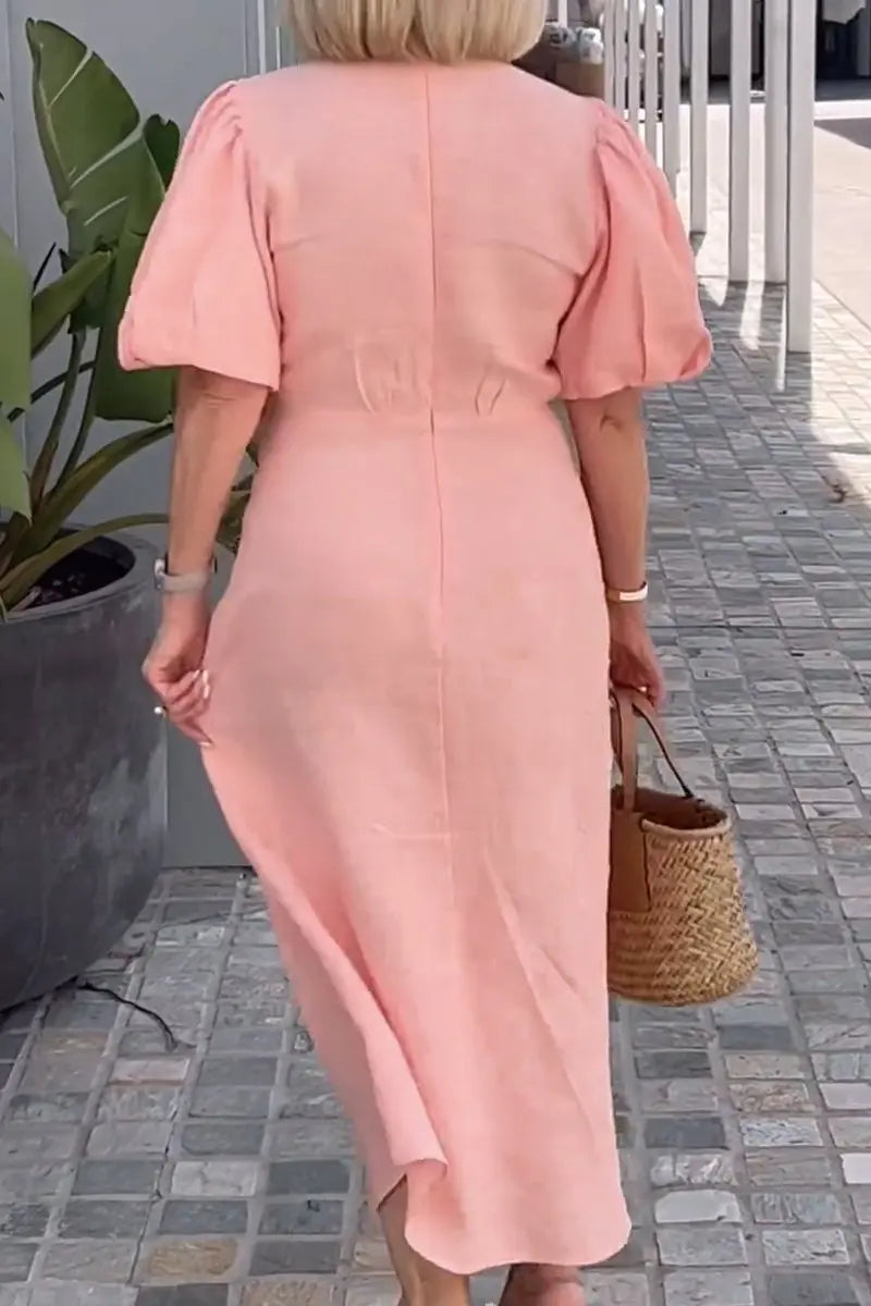 V-Neck Puff Sleeve Tie Front Linen Maxi Dress