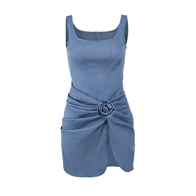 Blue Square Neck Corset Bodice Rosette Ruched Bodycon Mini Dress 4