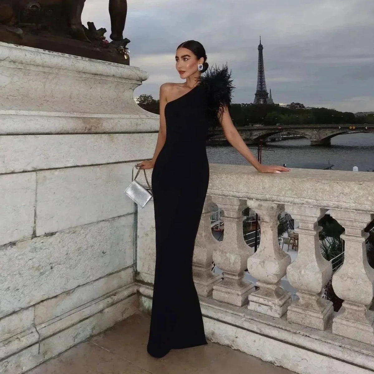 Black One Shoulder Feather Trim Mermaid Maxi Gown 6
