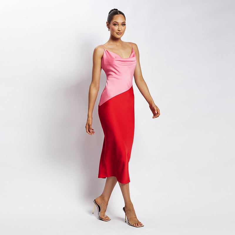 Red Cowl Neck Spaghetti Strap Satin Diagonal Panel Bodycon Maxi Dress